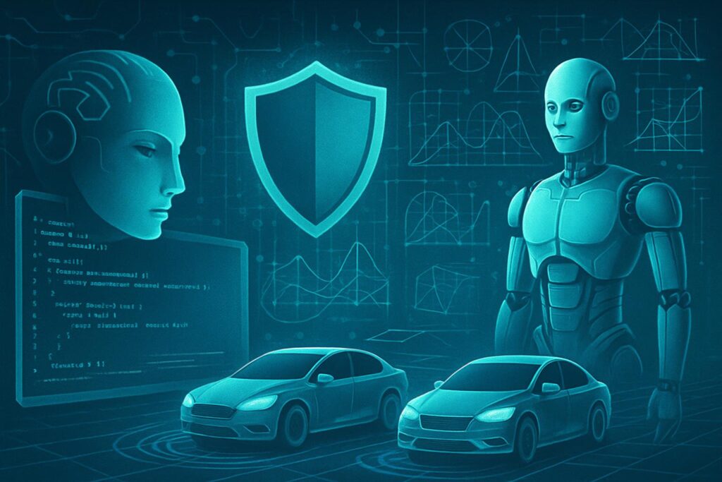 Futuristic scene combining coding AI, data protection, structured diagrams, and autonomous vehicles